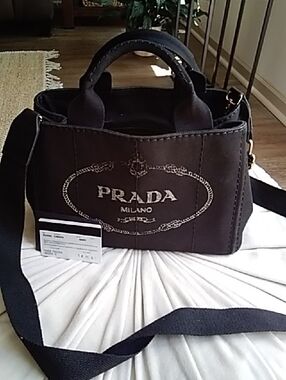 AUTHENTIC.... Prada Black Canvas Satchel / Crossbody Bag ... 🖤💛